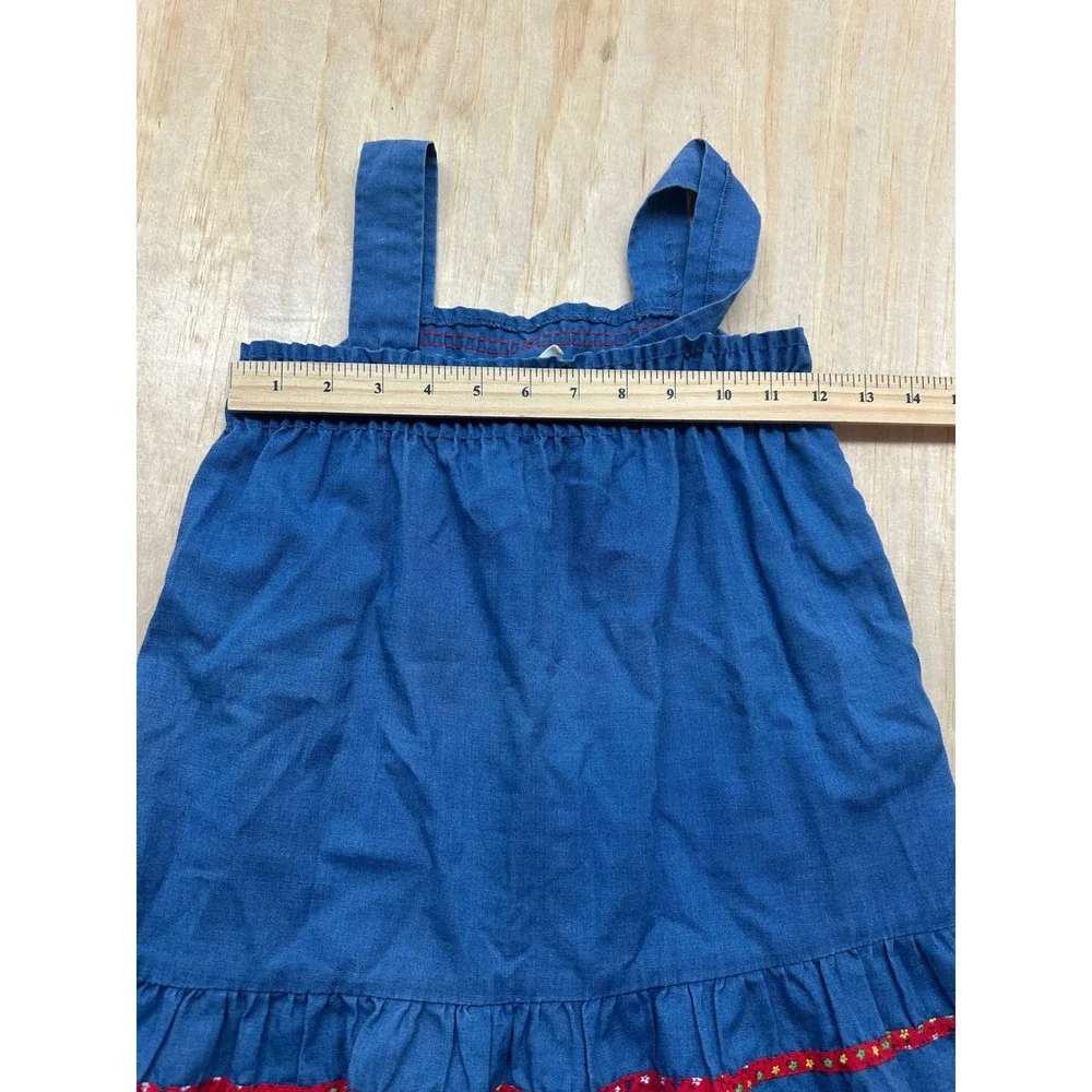 Vintage Girls Blue Chambray Denim Pinafore‎ Dress Ruffle Hem Floral Trim Bow 4T